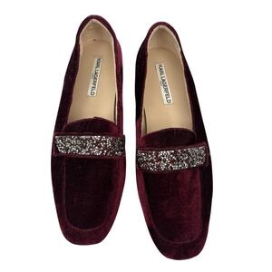 Karl Lagerfeld Womens Size 10 Burgundy Velour Loafers Sparkle Old Money Glamcore